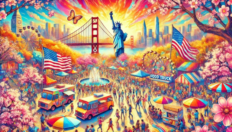 A Guide to Festivals and Events Across America.' Show an energetic scene capturin