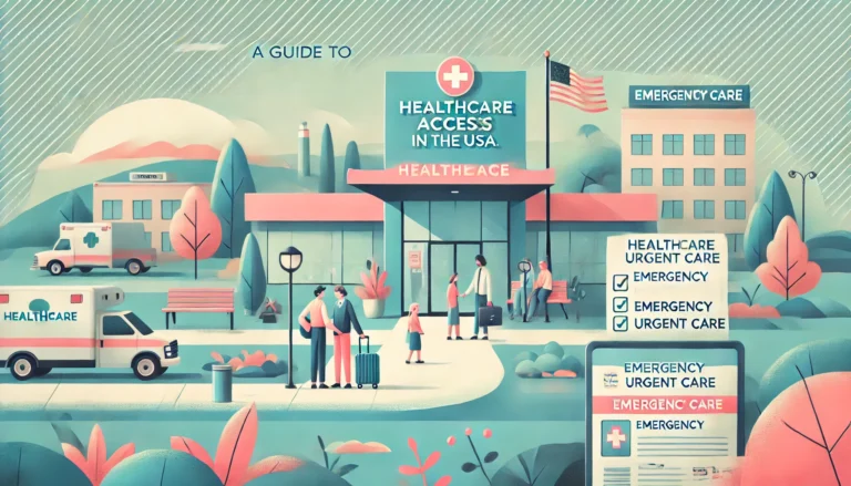 A Guide to Healthcare Access for Visitors in the USA. Show a calm scene with a healthcare