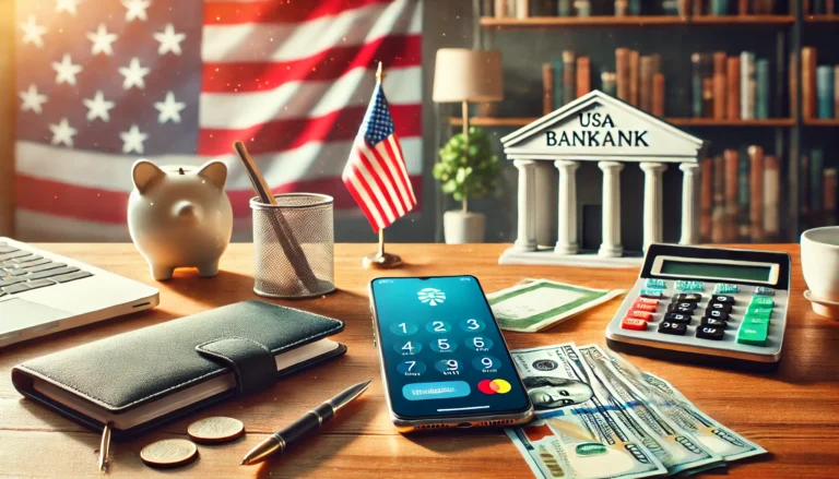 'Banking Basics in the USA_ What You Need to Know.' The image should show a modern U.S. bank setting with eleme
