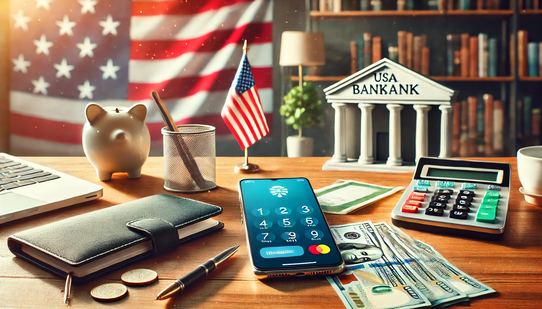 'Banking Basics in the USA_ What You Need to Know.' The image should show a modern U.S. bank setting with eleme