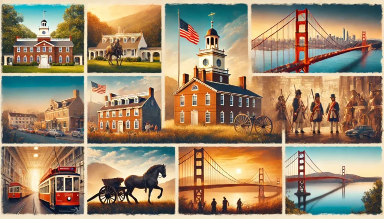 Exploring American History_ Must-See Historical Sites. Show a collage of iconic historica