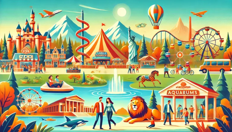 Family Friendly Attractions in the USA. Show a vibrant scene of iconic family destination