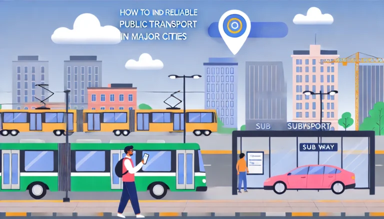 How to Find Reliable Public Transport in Major Cities. Show a scene with a variety of pub
