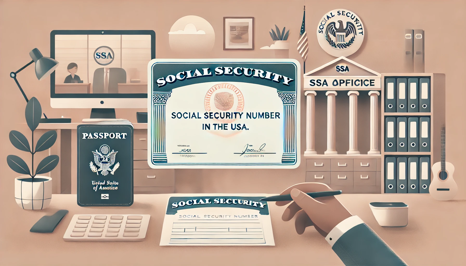 How to Get a Social Security Number in the USA. Show an official, calm scene with a Socia