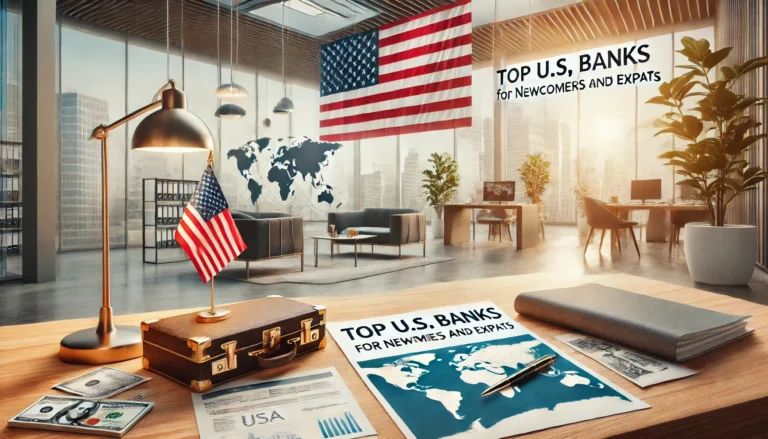 Top U.S. Banks for Newcomers and Expats.' The image should show the interior of a modern bank in the USA, with