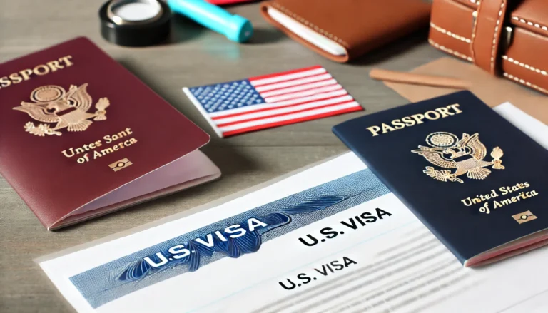 U.S. visa and immigration process. The image shows a U.S. visa document and passport on a desk, with