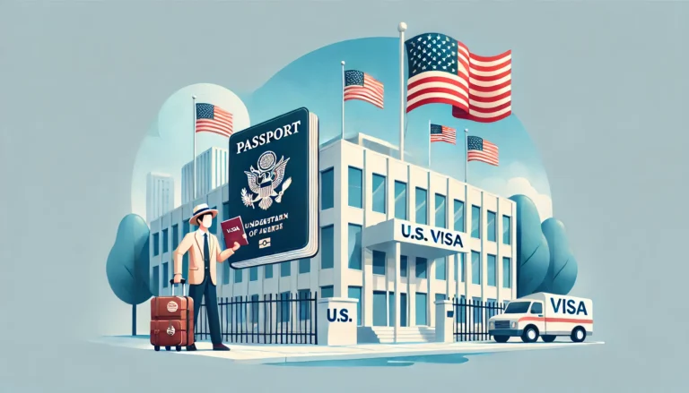 Understanding the USA Visa Process_ A Visitor’s Guide'. Show a traveler at a U.S. embassy or consul