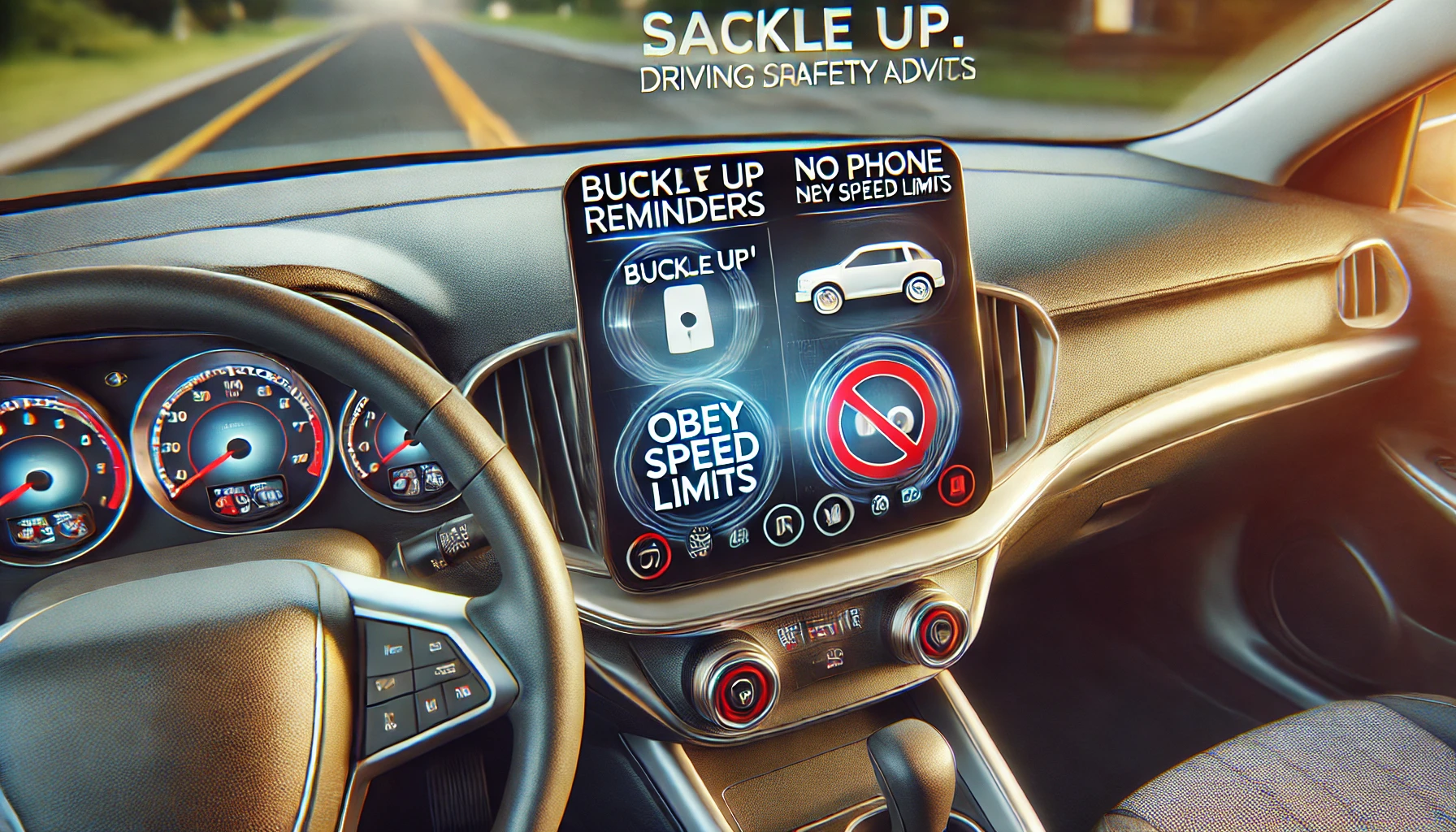 a car dashboard with safety reminders like 'Buckle Up,' 'No Phone,' and 'Obey Speed Limits' for an article section on drivin