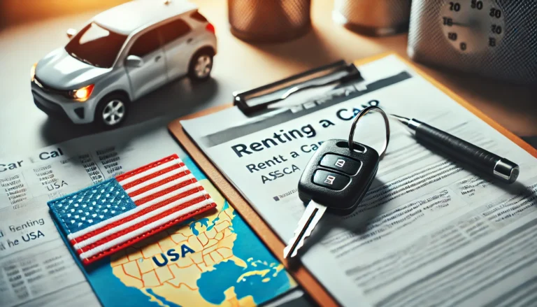 a car in the USA. The image shows a car key, a small American map, and rental documents on a counter, symbo
