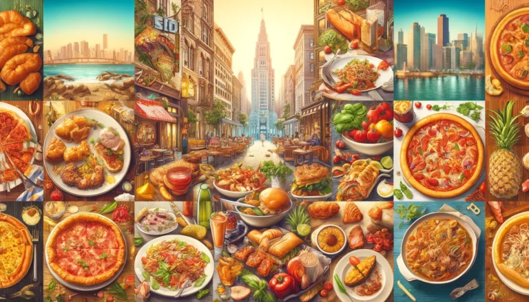 a diverse selection of dishes and restaurant interiors from various American cities, like N