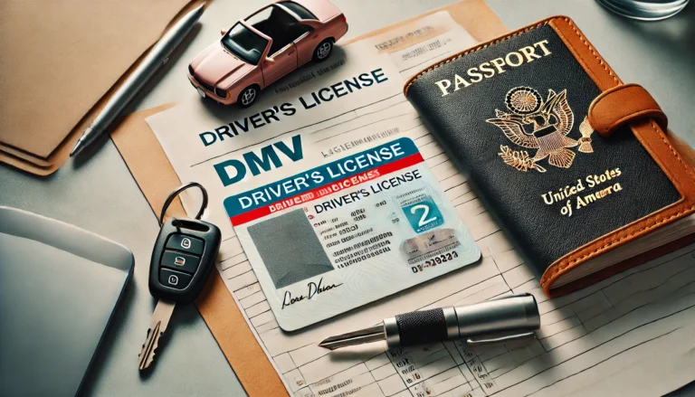 a driver's license in the USA. The image shows a driver's license card, a car key, and official DMV docum