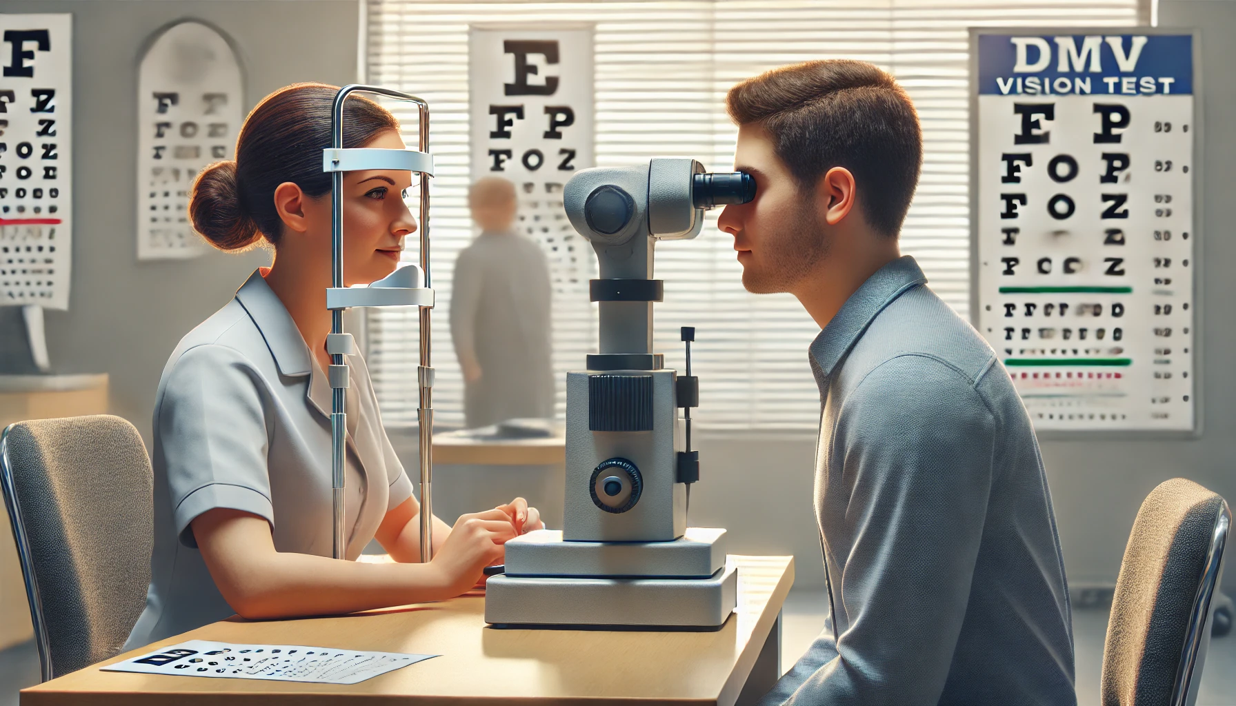 a person taking a vision test at a DMV office in the USA. The scene shows a person looking through an eye-testing machine with a
