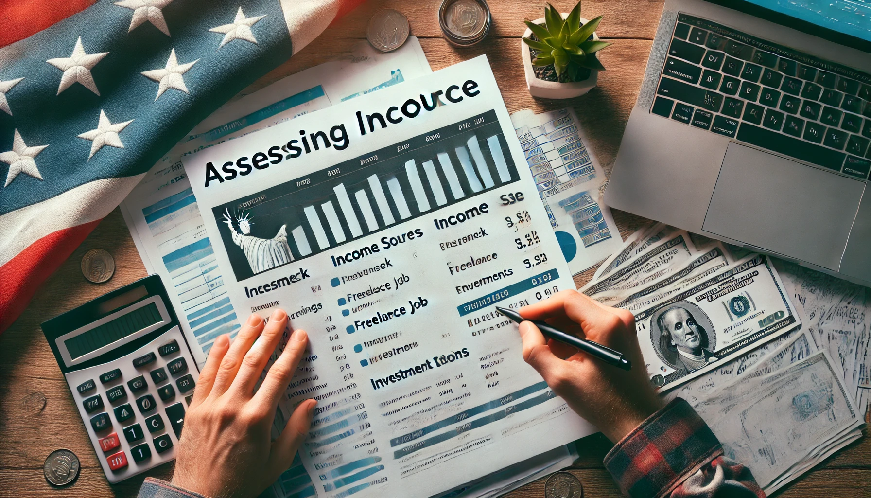 assessing income sources in the USA. The image shows a person reviewing a financial document on a desk, wi