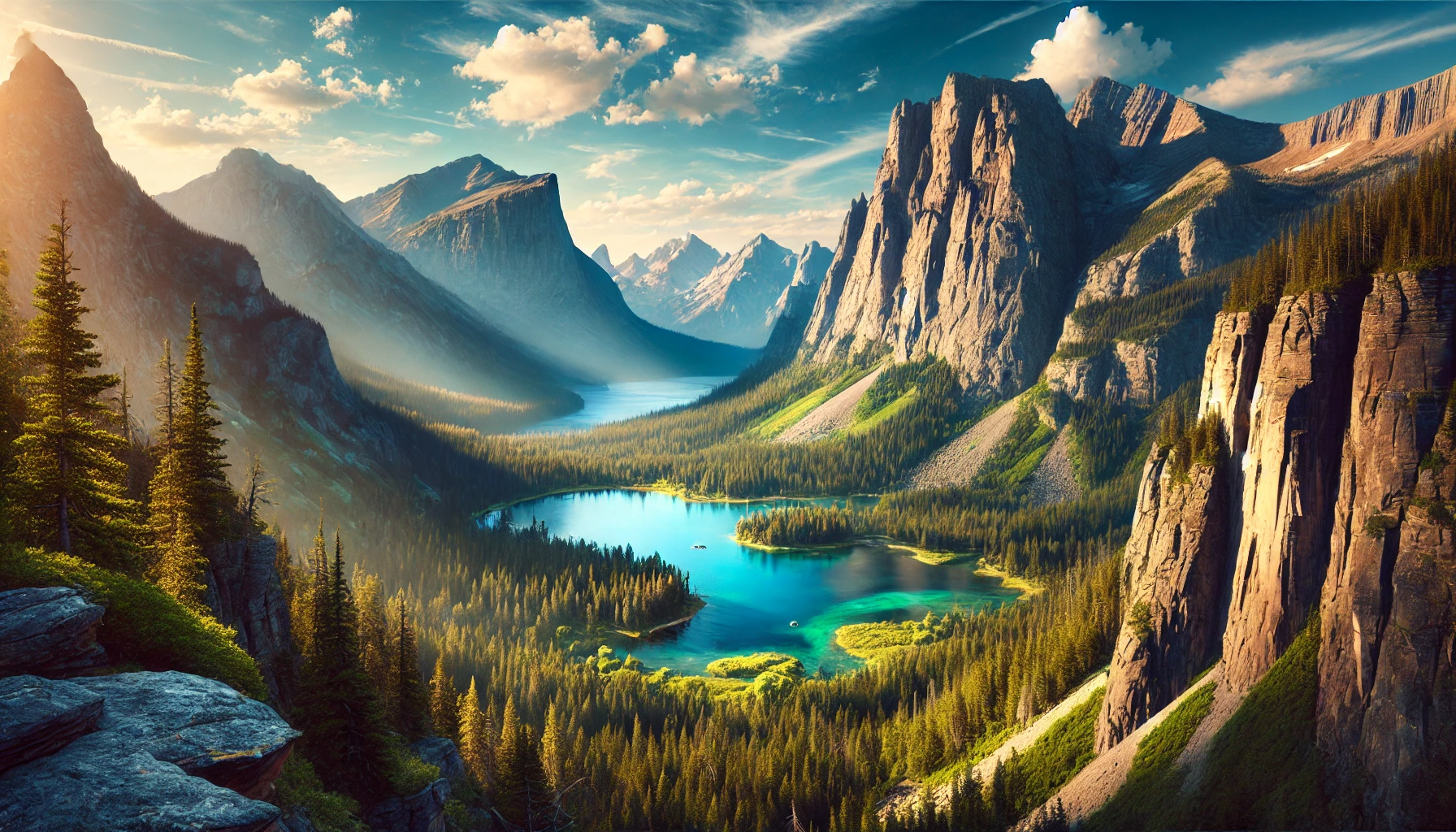 breathtaking U.S. national park, showcasing rugged mountains, lush forests, and a crystal-clear