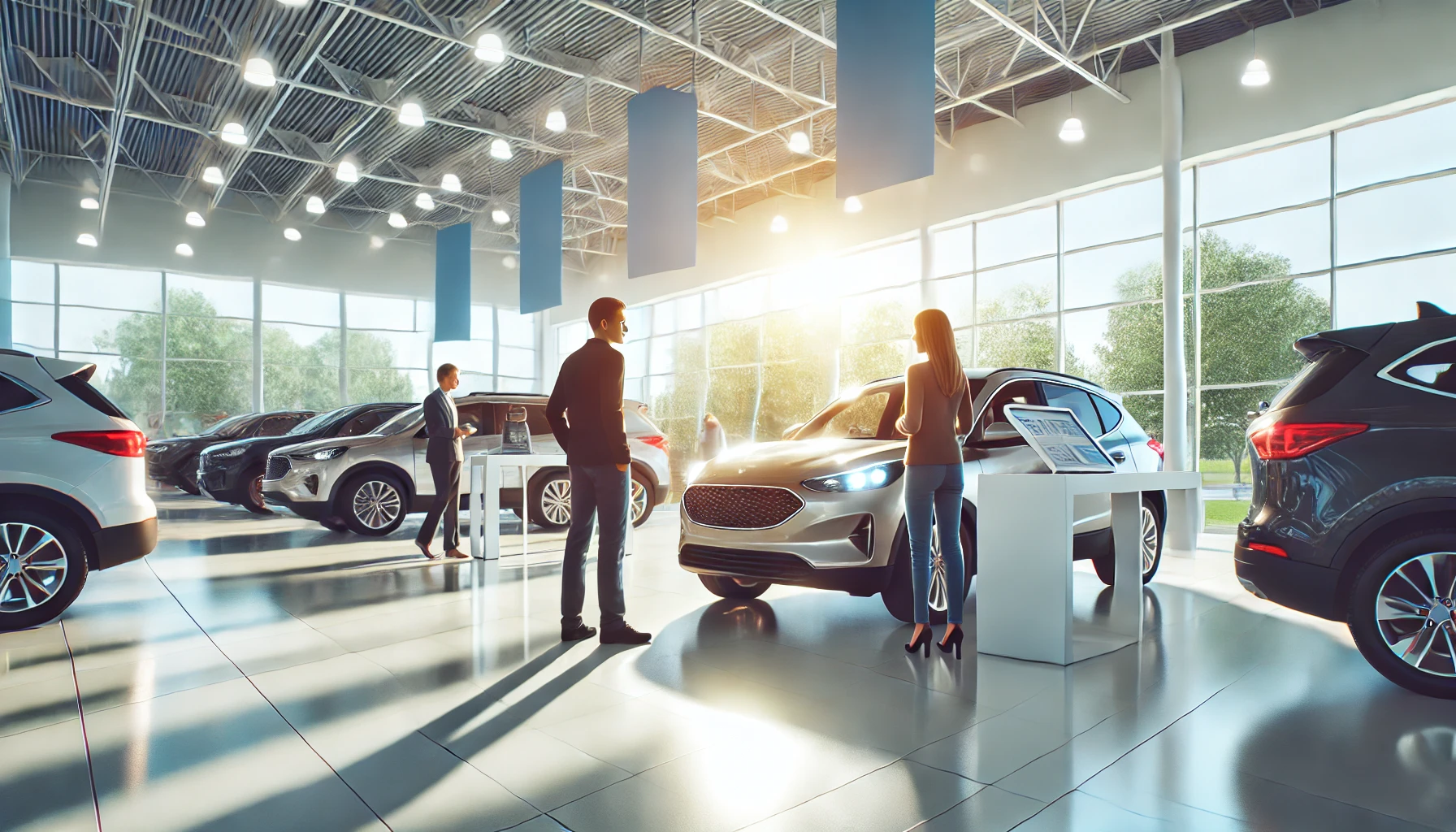 buying a car in the USA. The scene shows a person at a car dealership, viewing a car with