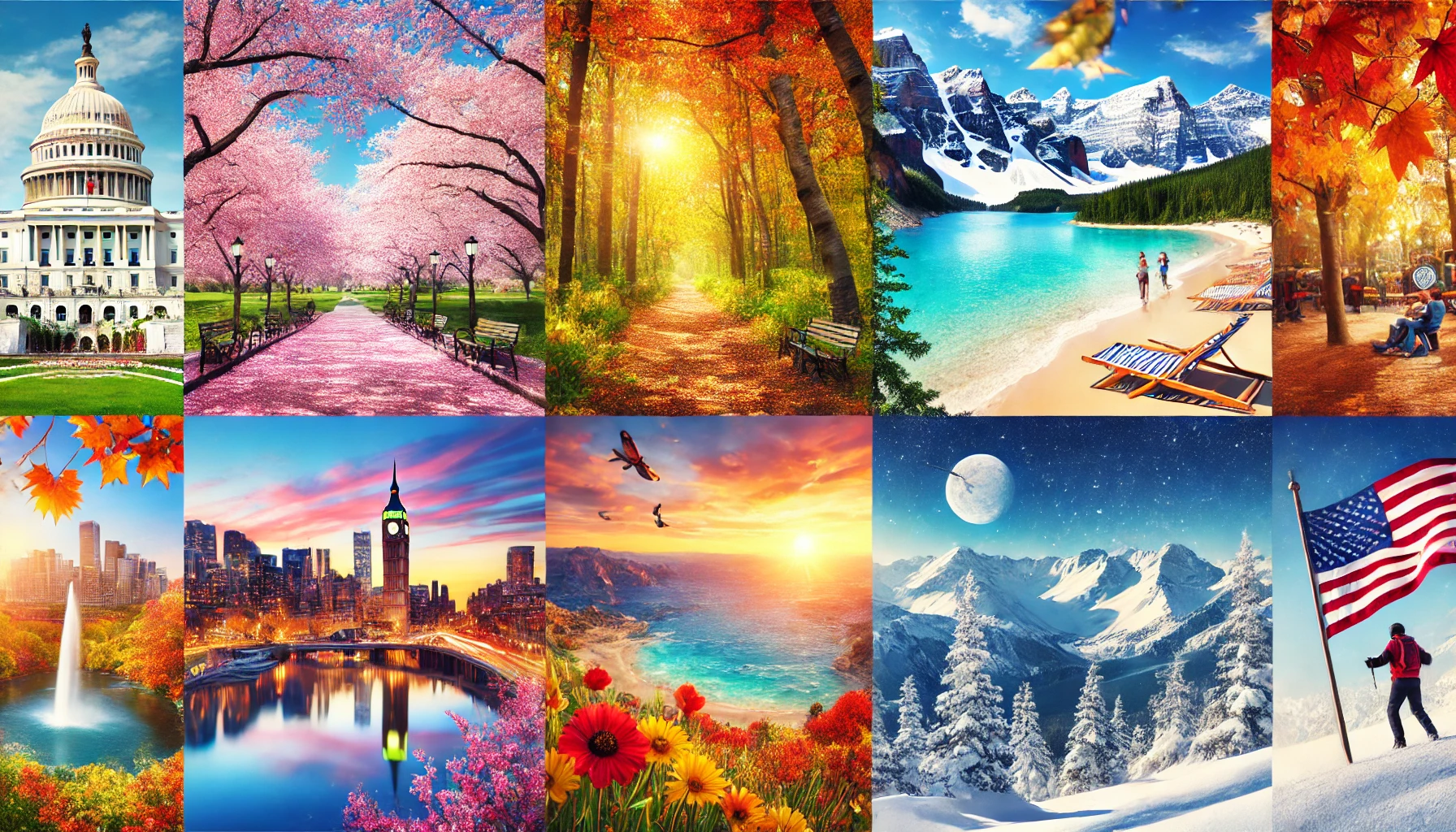 capturing the diverse landscapes of the United States across four seasons_ blooming cherry blossoms in