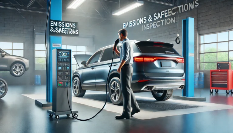 car emissions and safety inspections in the United States. The image shows a car in a modern