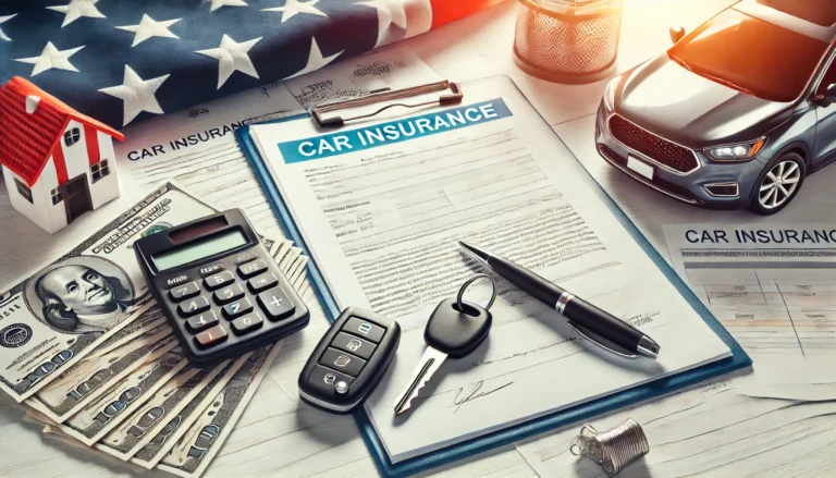 car insurance in the United States. The image shows a car insurance form, car keys, and a cal