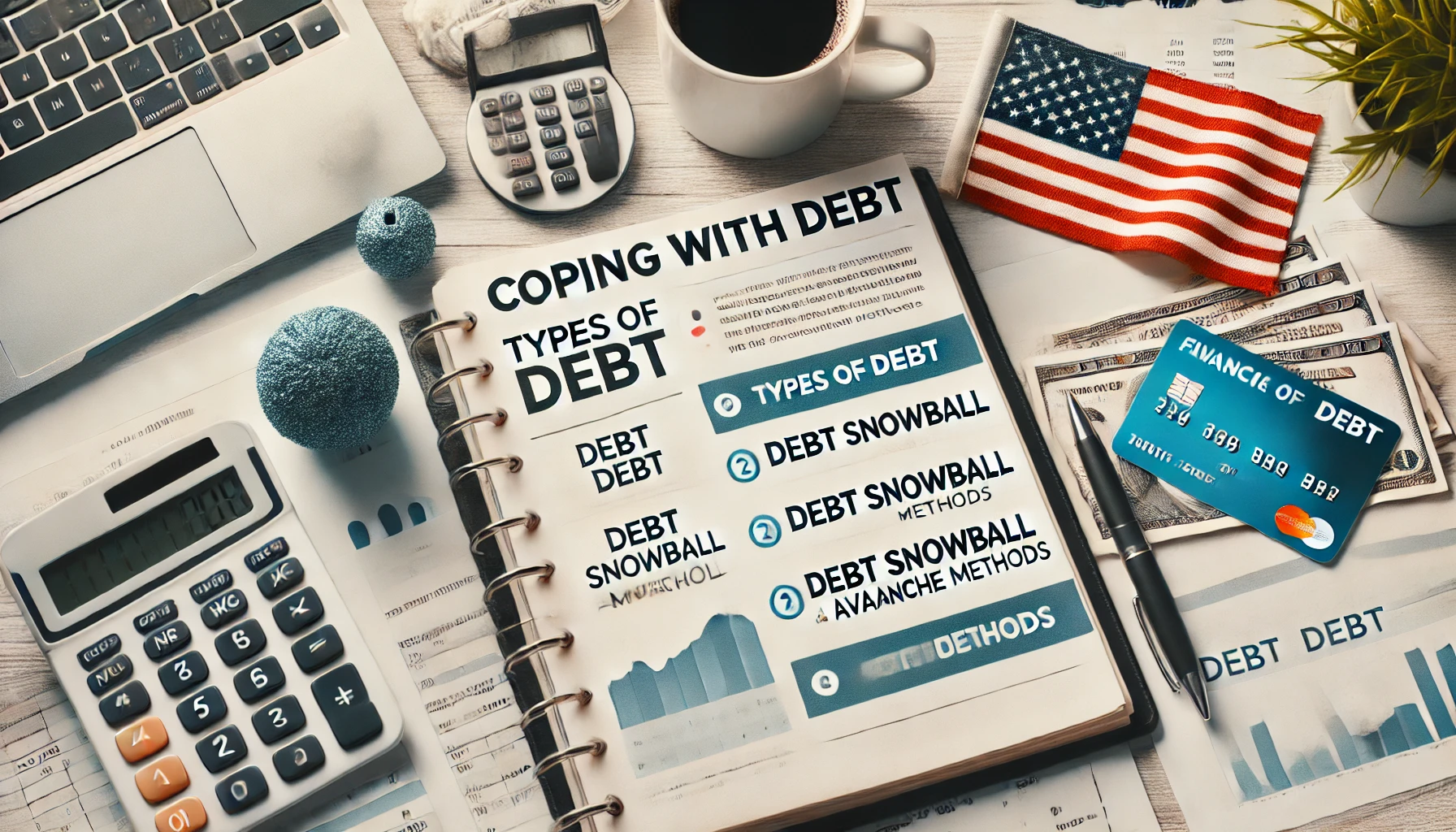 coping with debt in the USA. The image shows a financial planning setup with documents labeled 'Types of D