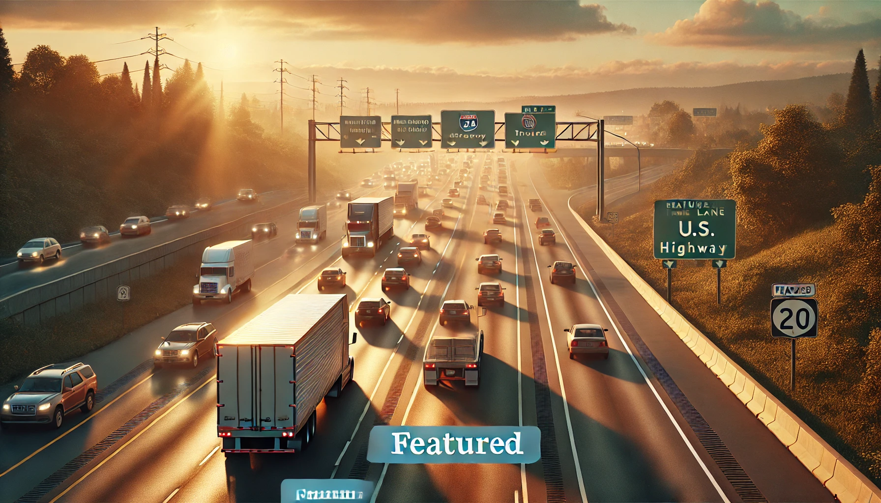 depicting a well-lit, multi-lane U.S. highway at dawn with cars and large trucks traveling in various lanes. T