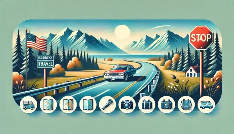 depicting budget-friendly travel across the USA. The image shows a scenic highway with a car traveling through an