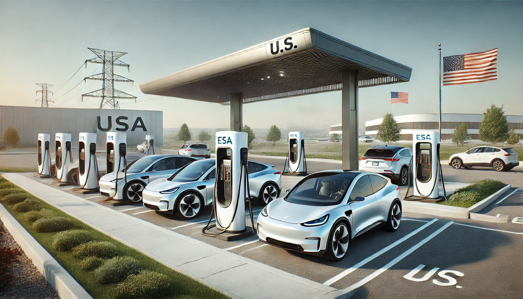 depicting electric vehicles charging at a modern U.S. charging station. The station is outdoors with a sleek,