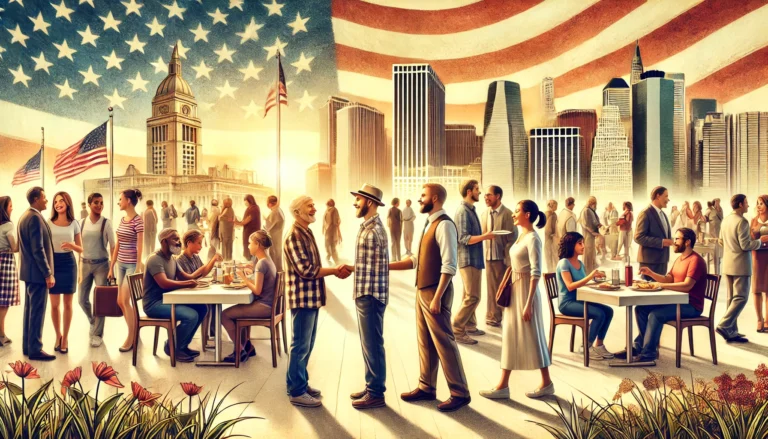 diverse people engaging in typical American cultural etiquette, such as greeting with a hand