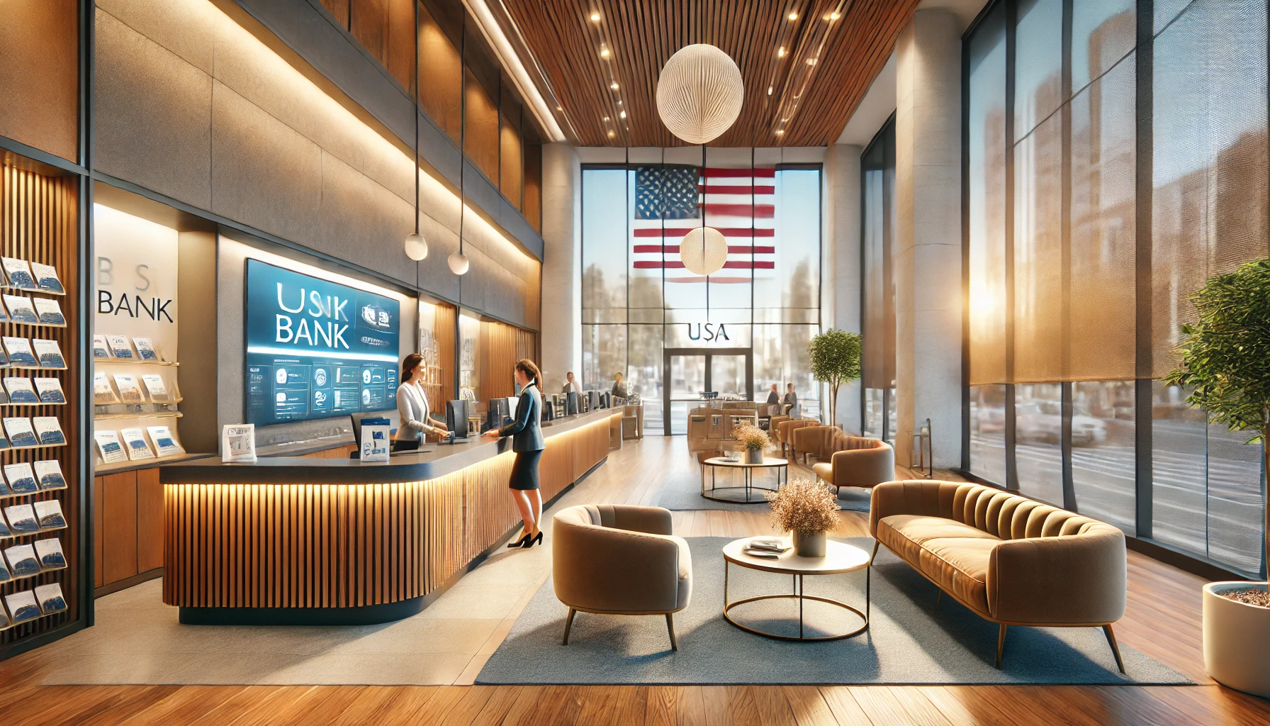 image of a welcoming bank interior in the USA, showing a friendly, modern design with large glass windows, comfortable seating, and warm l
