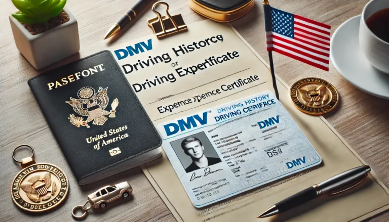 obtaining a driving experience certificate in the USA. The image shows a driving license, official documents, and a