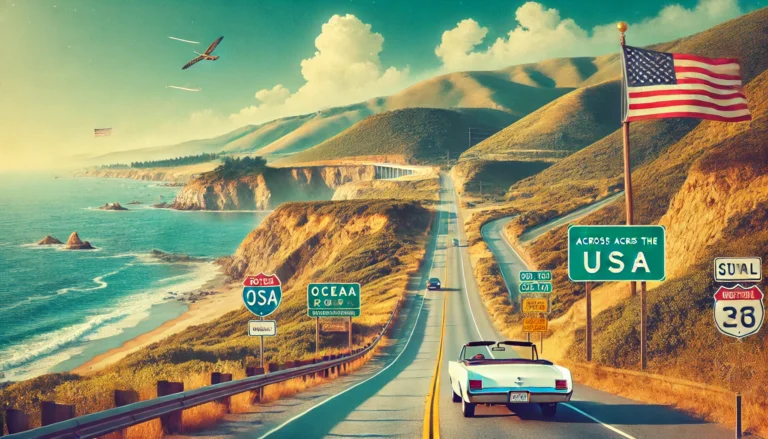 on road trips across the USA, showcasing a scenic highway stretching along a coastline with cl
