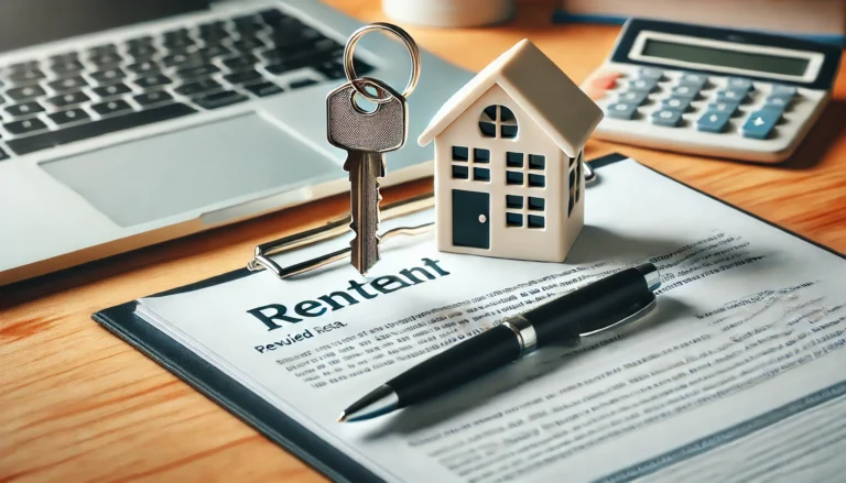 renting an apartment in the USA. The image shows a modern apartment key with a small keychain shaped like a house,