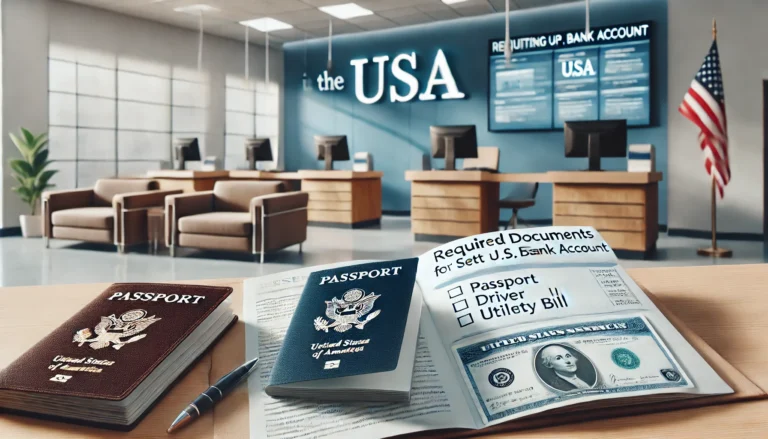 required documents for setting up a U.S. bank account. The image should show a modern bank interior in the USA,