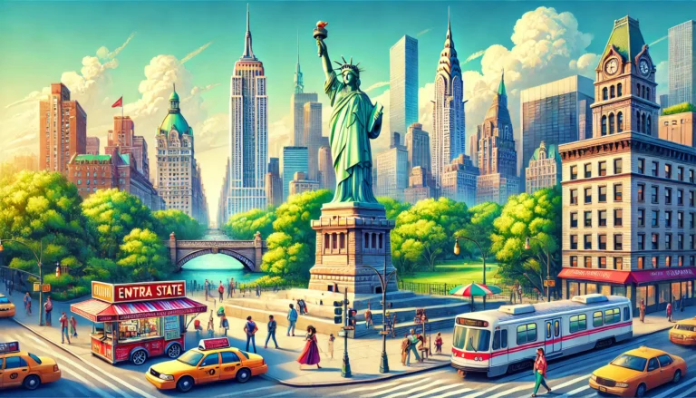 showcasing iconic New York City landmarks for first-time visitors, including the Statue of Liberty, Central Park