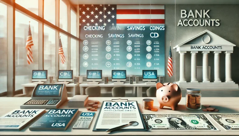 types of bank accounts in the USA. The image should show a modern bank interior with different financial documen