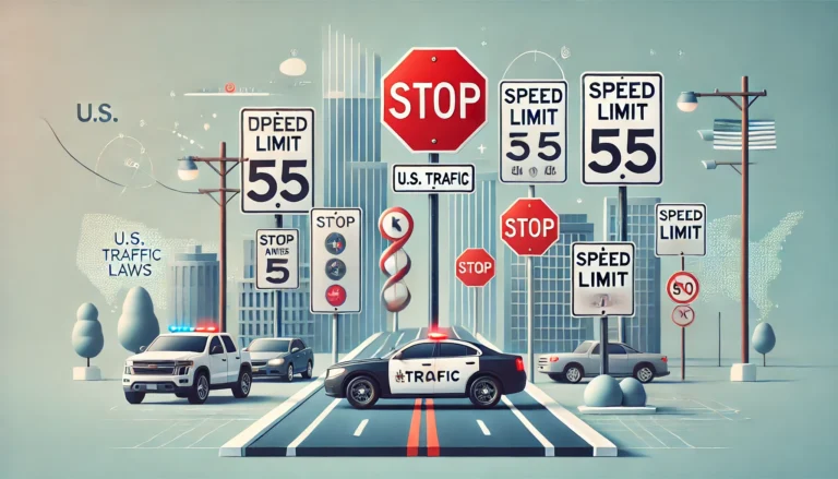 understanding U.S. traffic laws. The image shows a road with traffic signs, a stop sign, and speed limit indicators