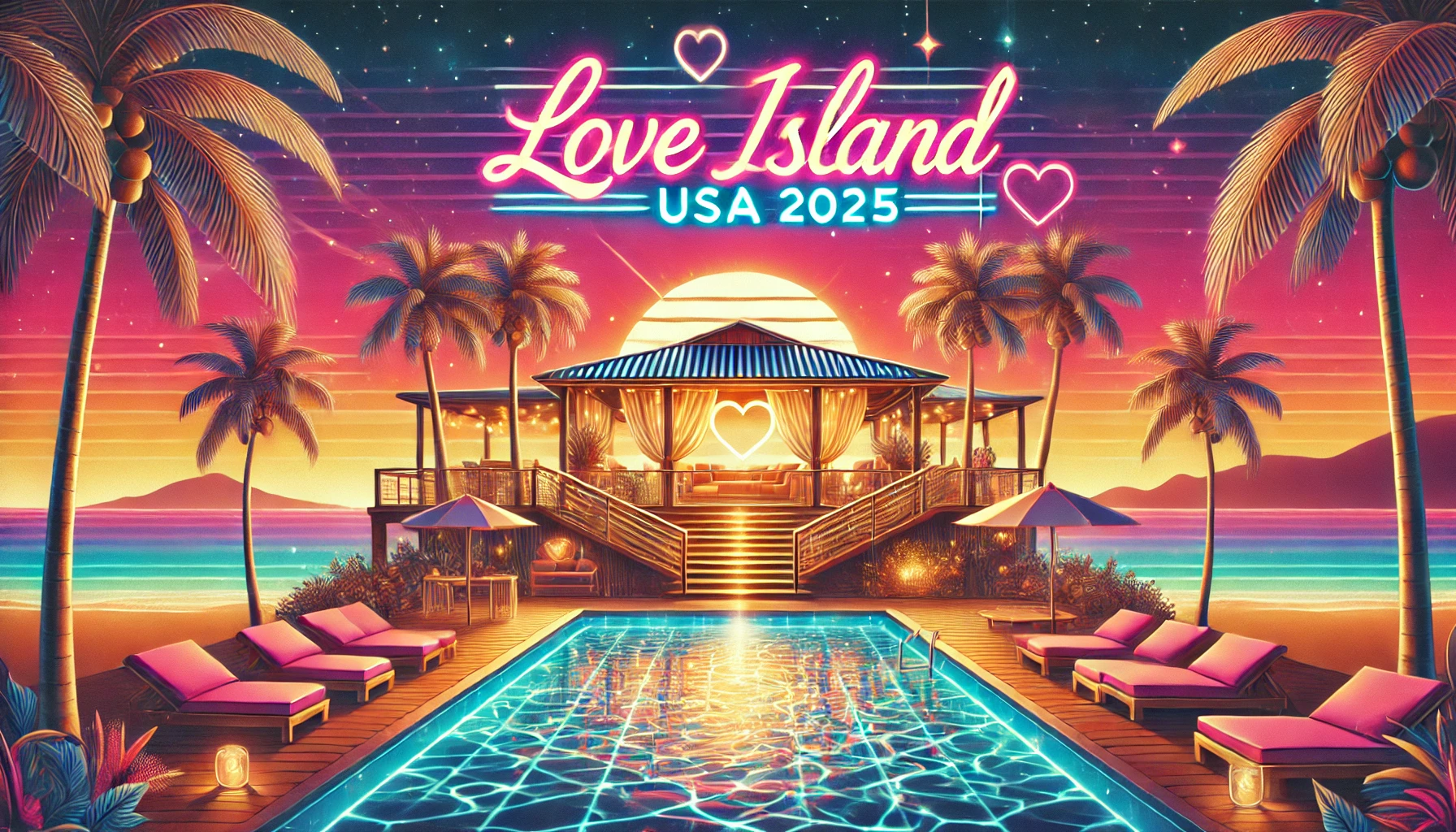 A vibrant digital illustration featuring Love Island USA 2025