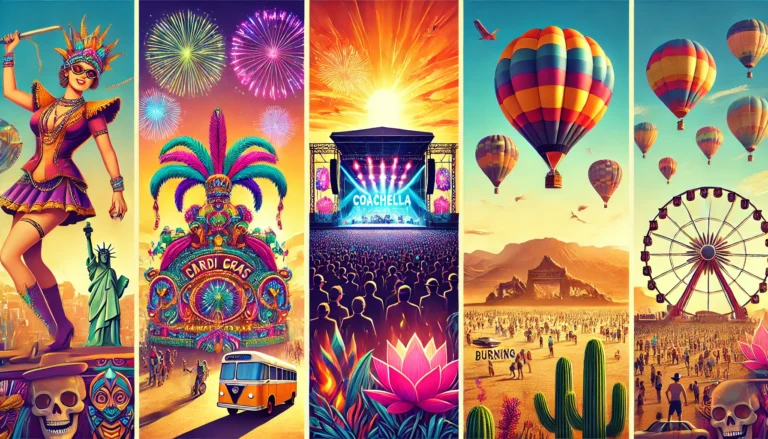 A vibrant digital illustration of the best festivals in the US,